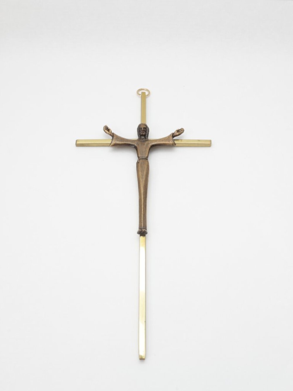 Vintage Mid Century Modern Brass Crucifix Wall Cross Risen Christ Boxed MCM